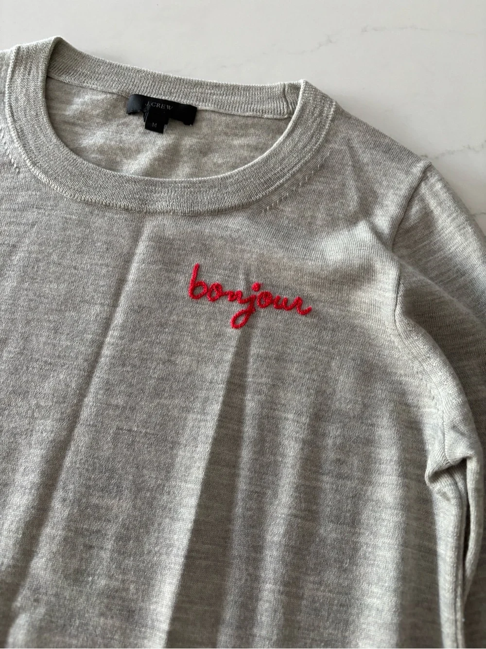 J. Crew Gray Crewneck Sweater with Red Bon jour Detail